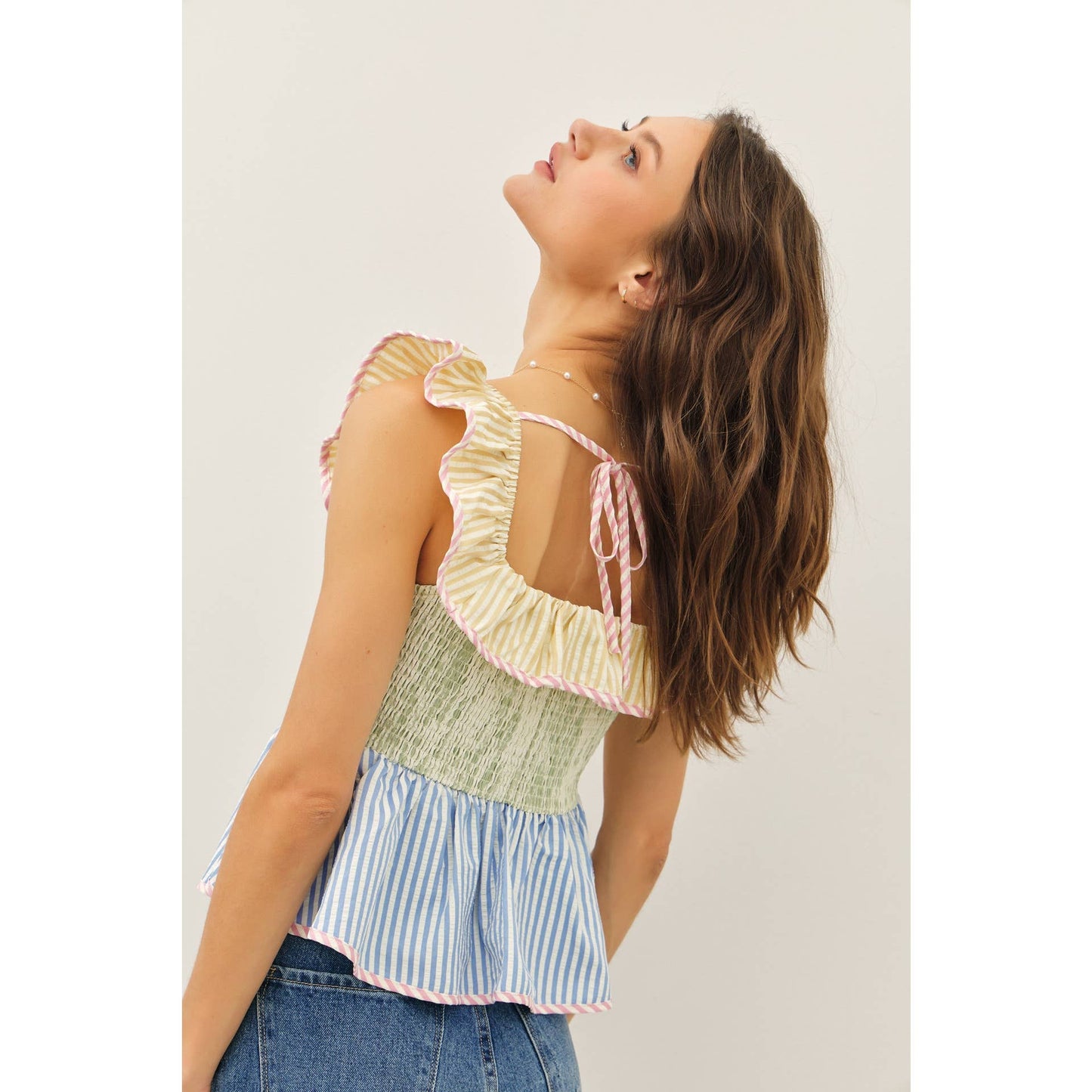 Mutli-Stripe Ruffle Square Neck Top