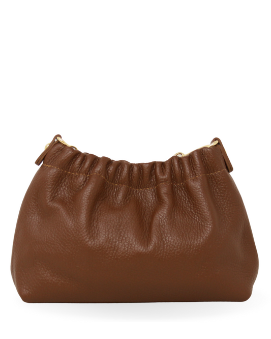 Brown leather handbag on a white background