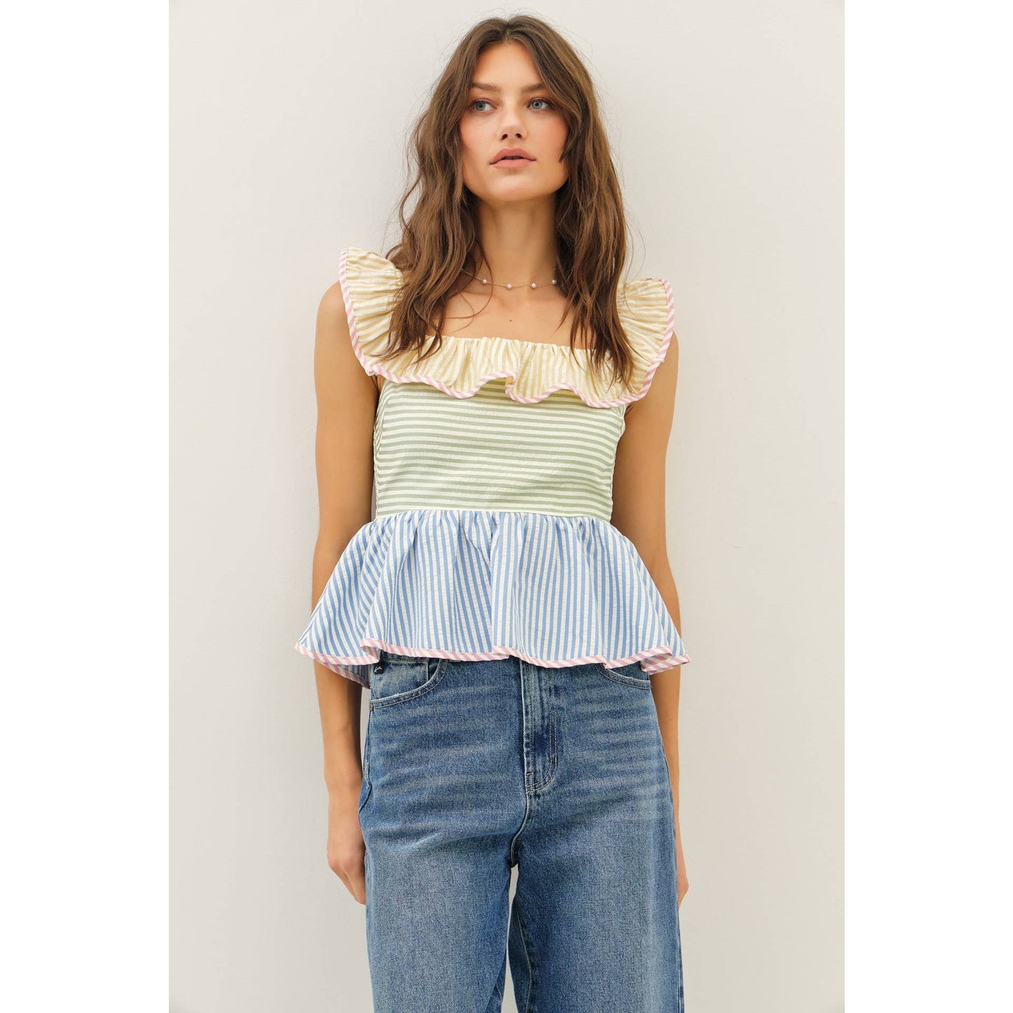 Mutli-Stripe Ruffle Square Neck Top