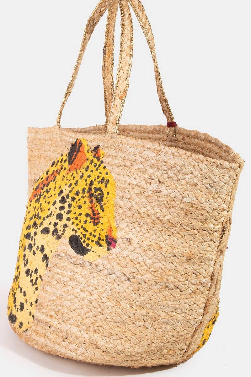 Painted Cheetah Jute Tote Bag