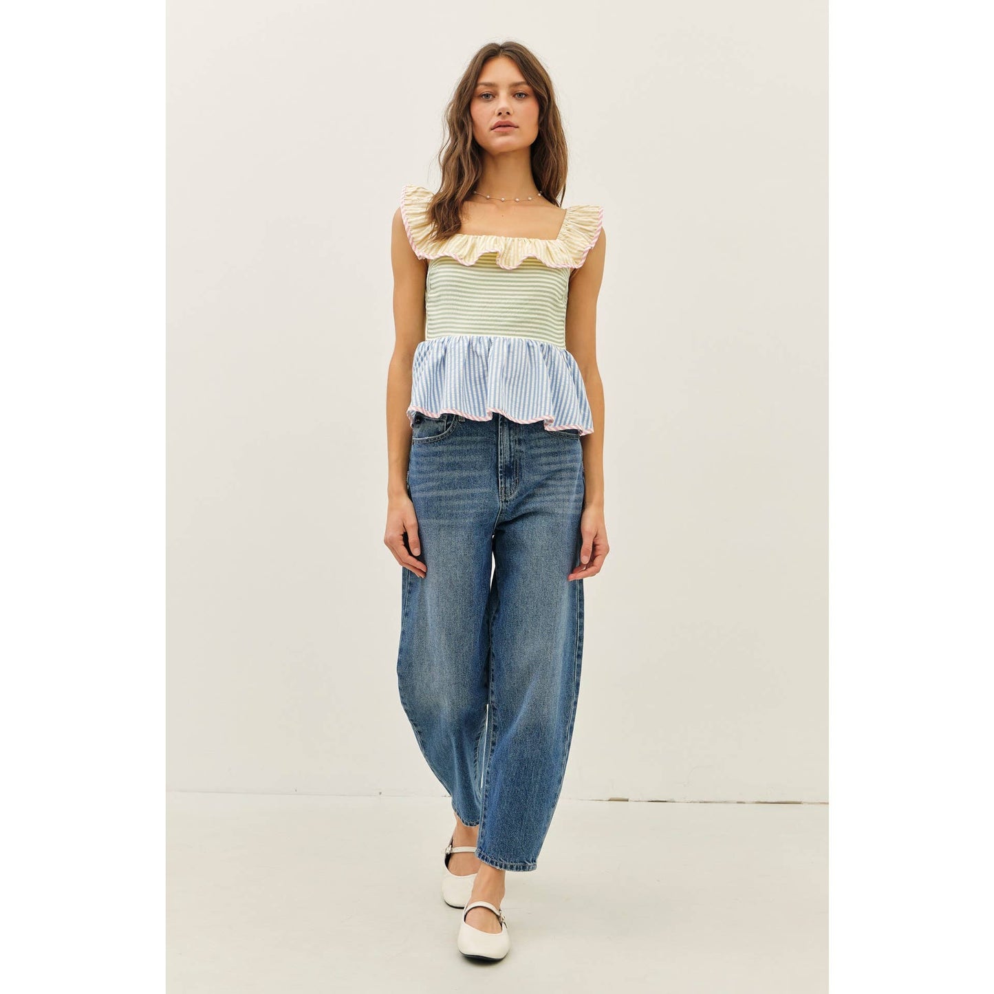 Mutli-Stripe Ruffle Square Neck Top