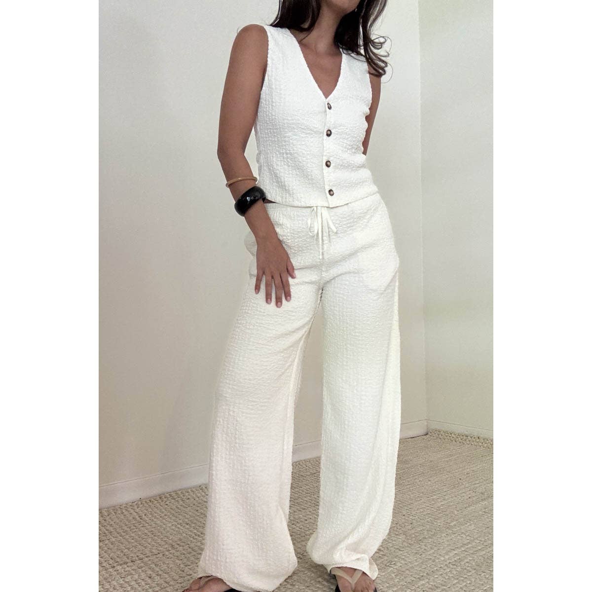Textured Vest Top And Wide Leg Pants Sets