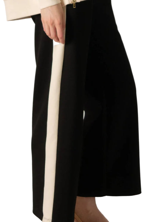 Black pants with a white stripe worn by a person on a plain background