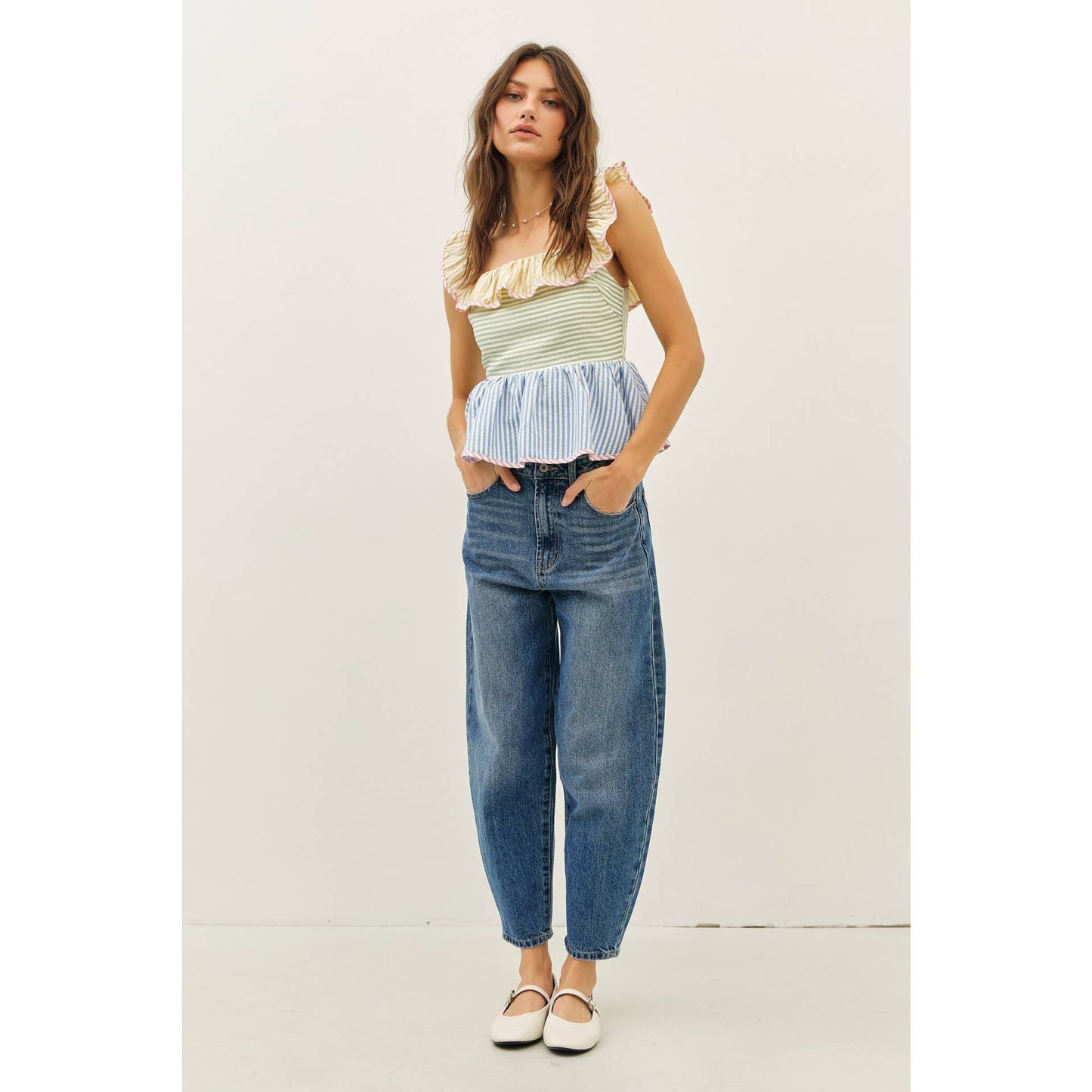 Mutli-Stripe Ruffle Square Neck Top