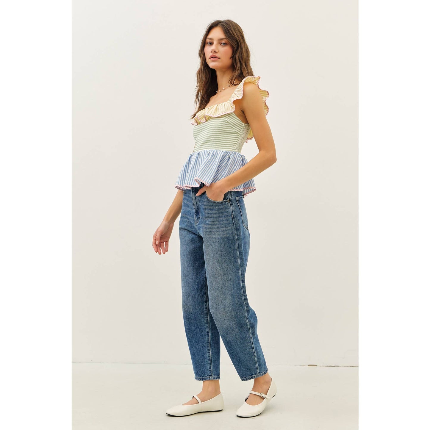 Mutli-Stripe Ruffle Square Neck Top