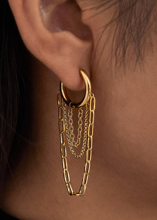 Gold hoop earring with chain details on an ear