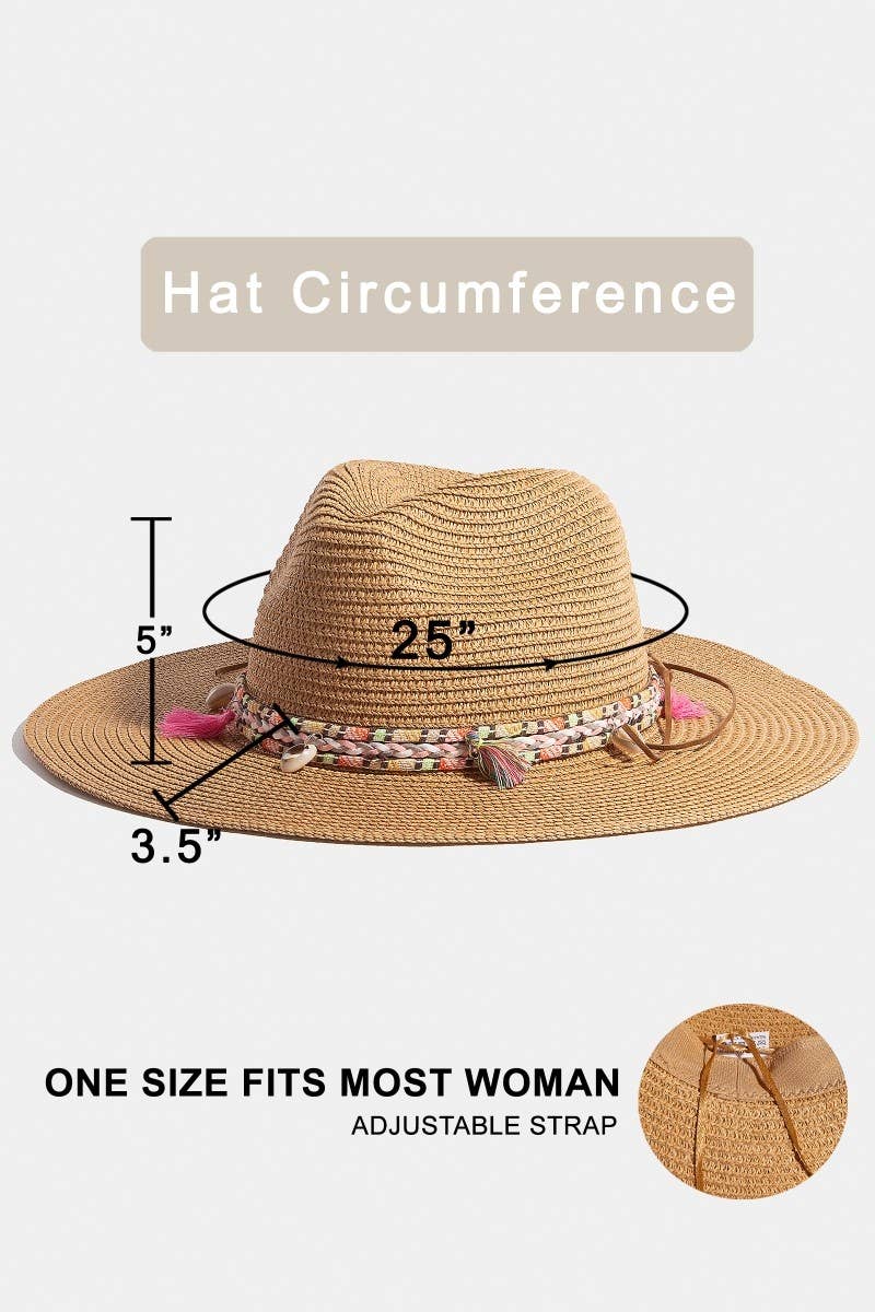 Braided Shell And Tassels Strap Straw Sun Hat