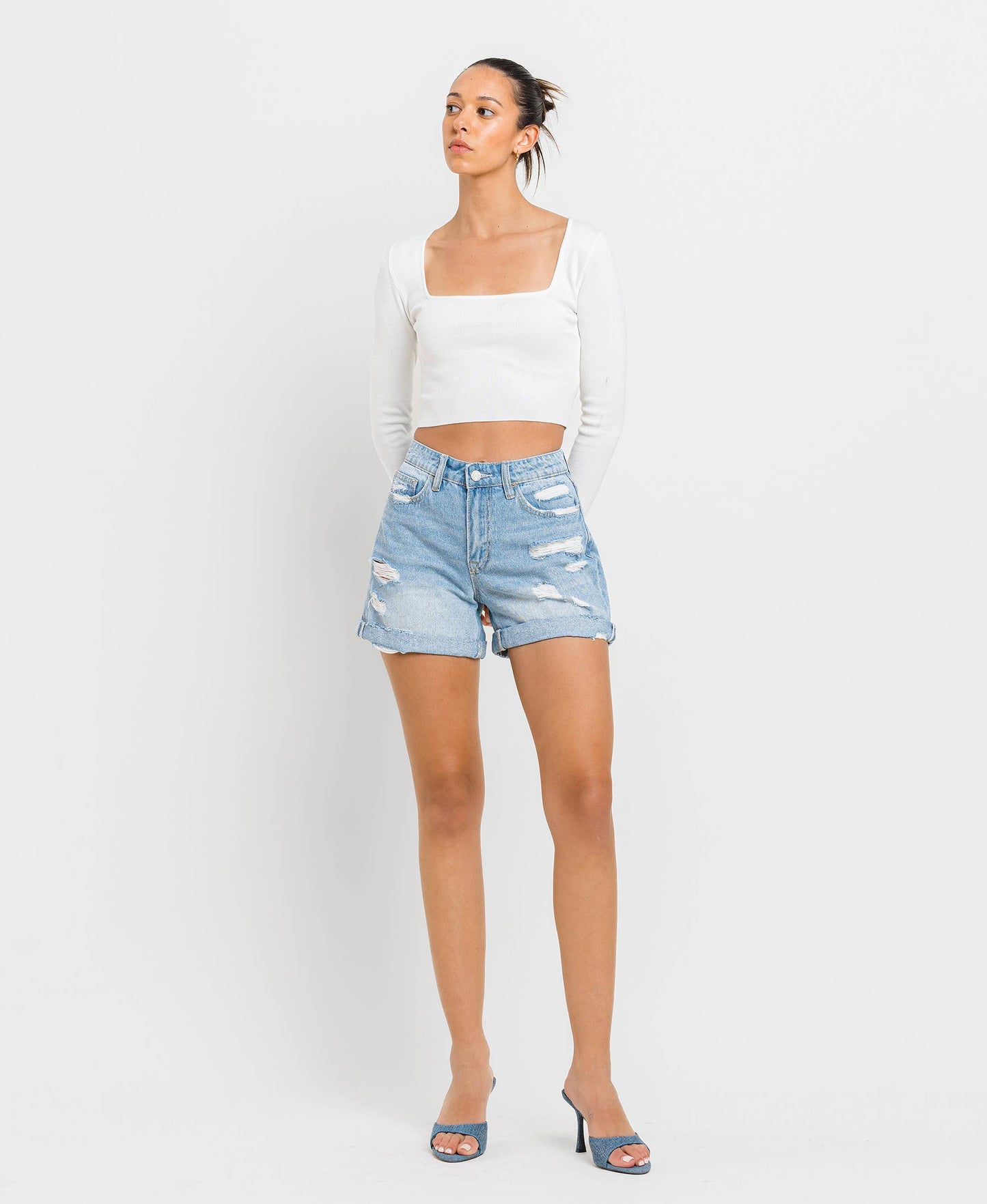 Mid Rise Cuffed Boyfriend Shorts