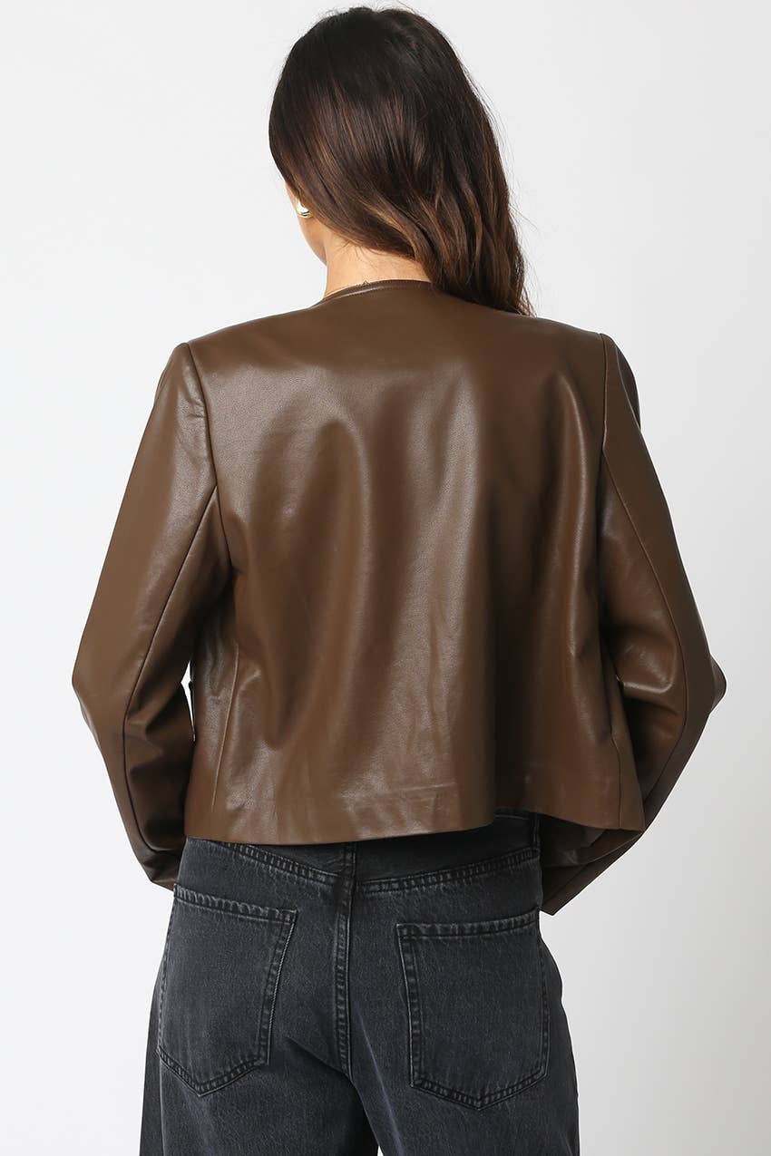Collarless Faux Leather Jacket