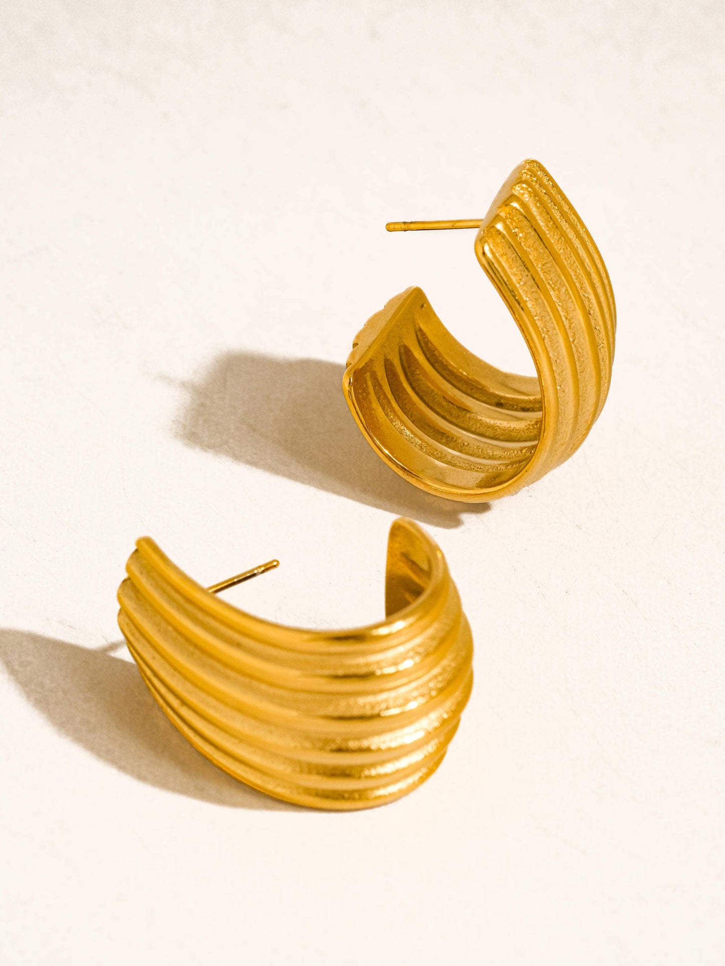 Gold Non-Tarnish Wide Ribbed Hoop Earrings