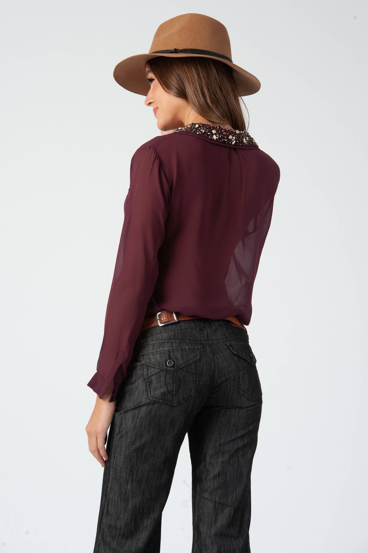 Chiffon Jewel Collar Button Down Top