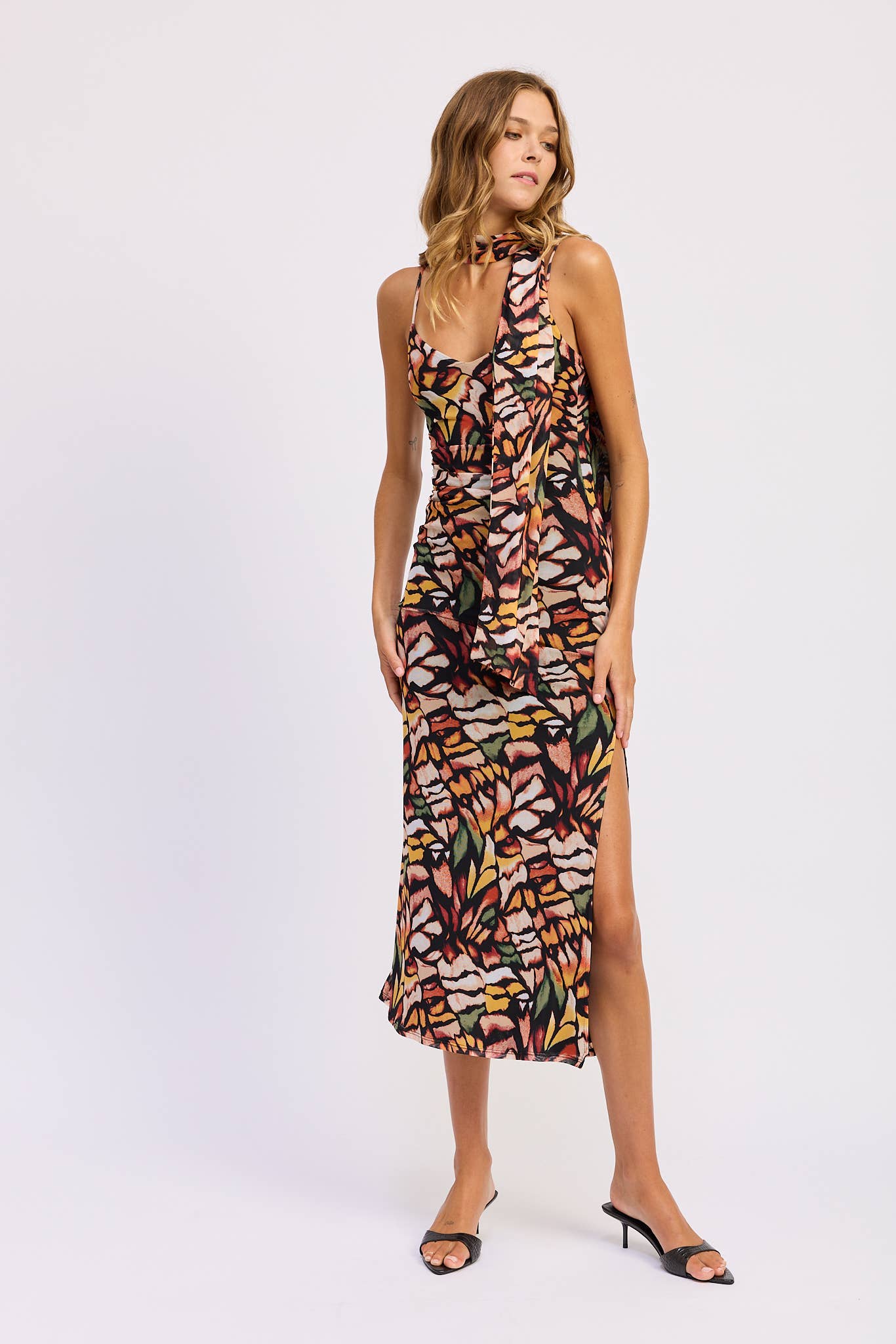 Butterfly Midi Dress with Scarf