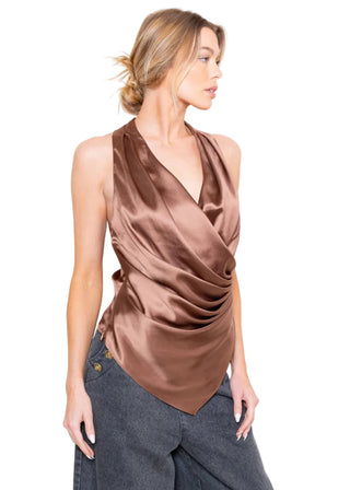 Mocha Satin Wrap Top - Verte Boutique