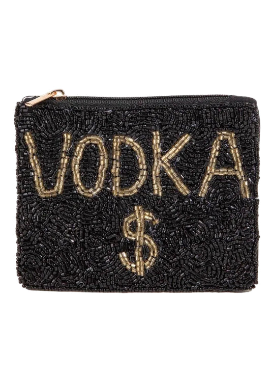 Black beaded pouch with 'VODKA $' text on a white background