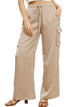 Nude Drawstring Waistband Solid Satin Cargo Wide - Leg Pants - Verte Boutique