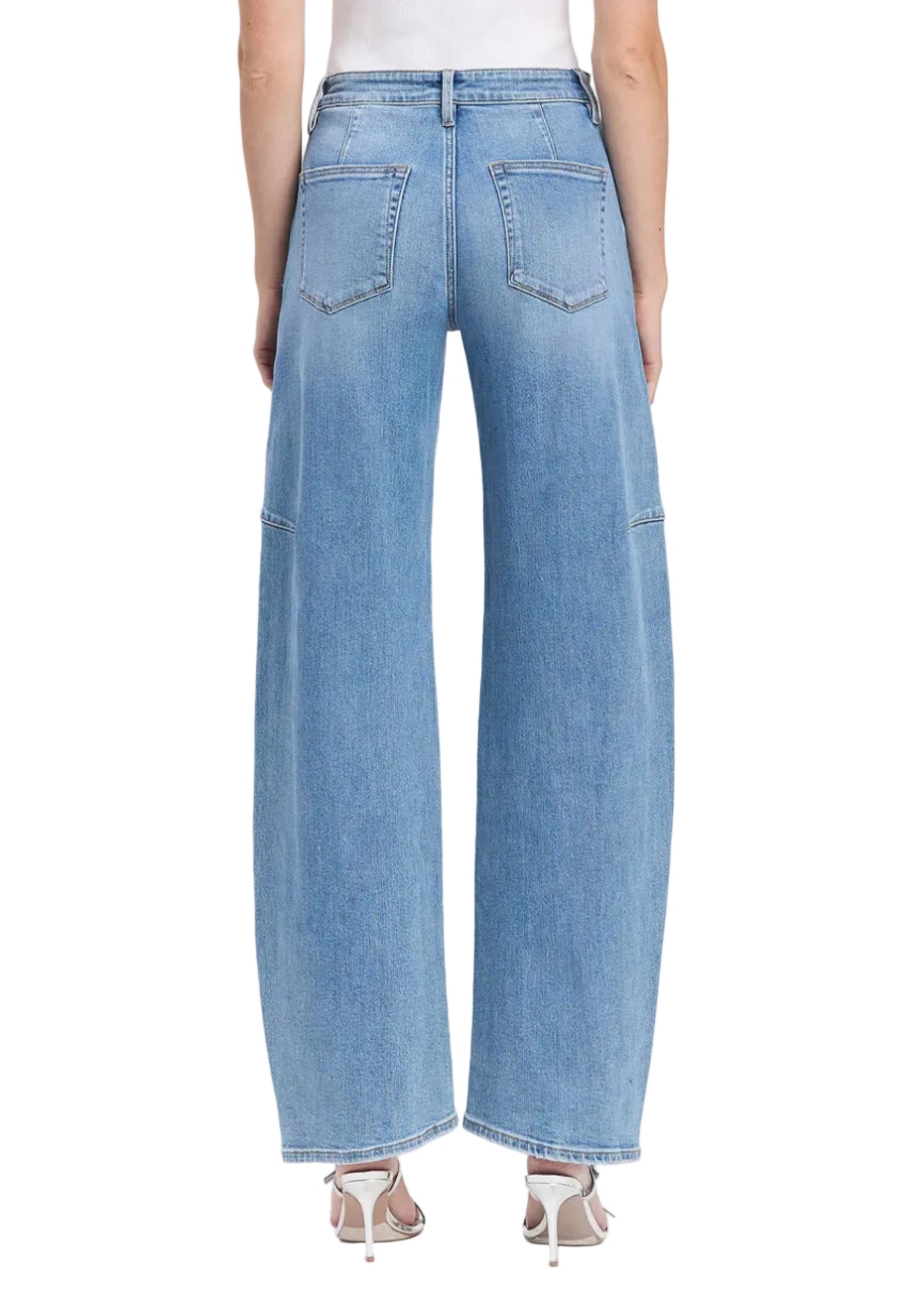 Light blue jeans worn by a person on a white background