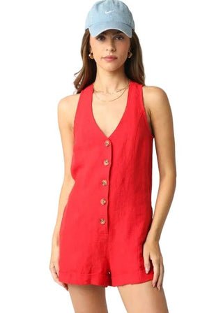 Red Linen Button - Front Romper - Verte Boutique