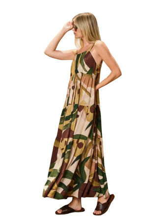Tropical Foliage Linen - Blend Tiered Maxi Dress - Verte Boutique