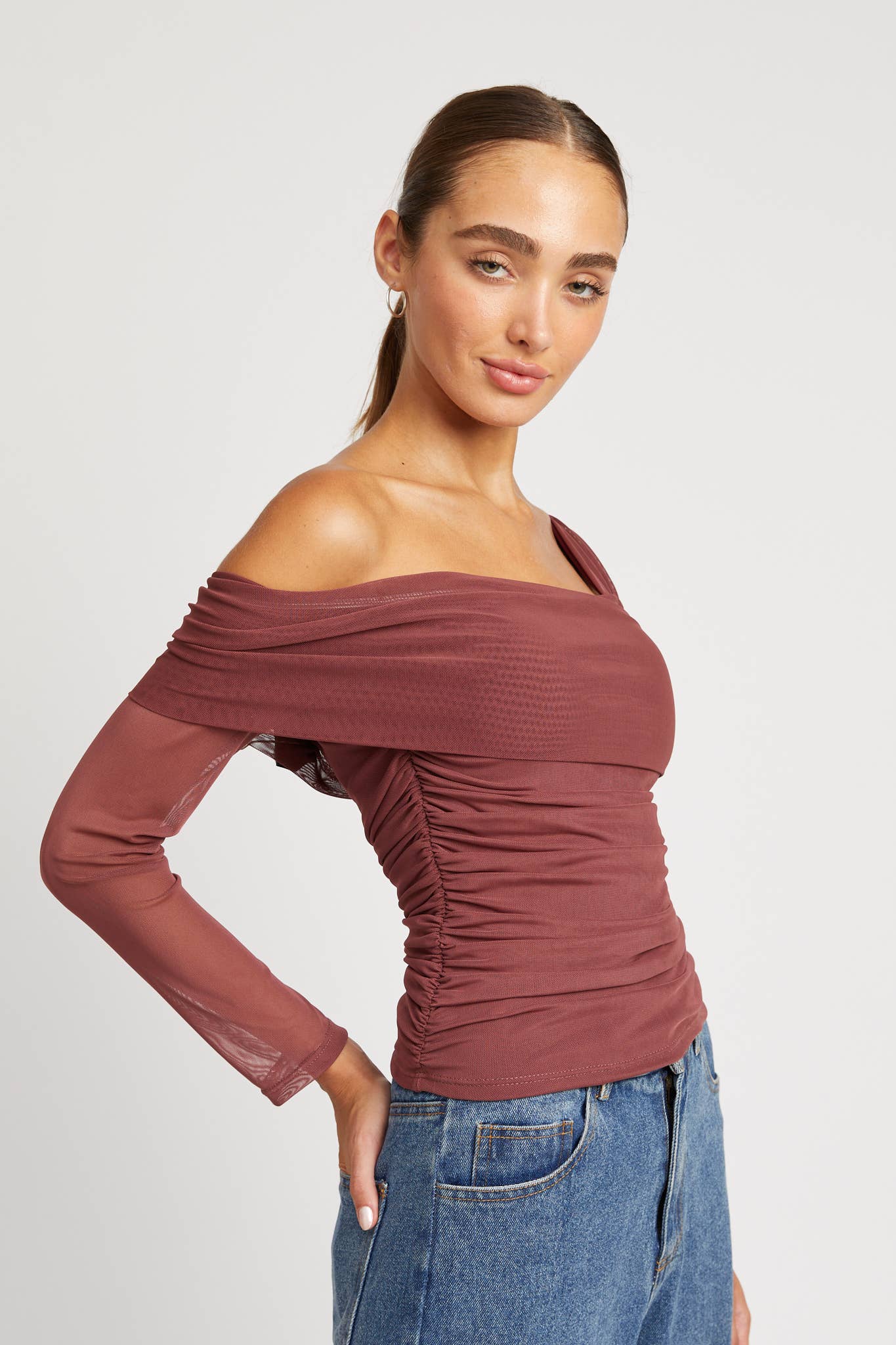 Asymmetrical Shirred Mesh Top