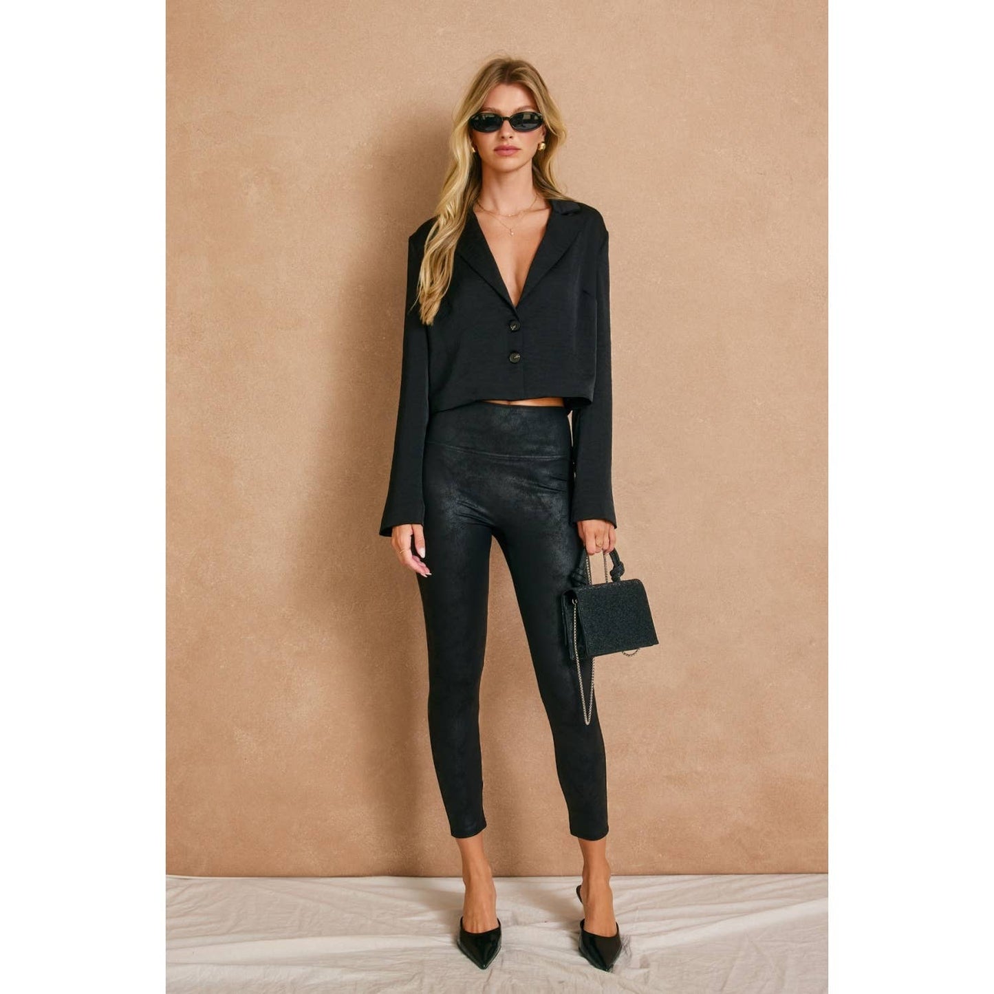 Black Satin Crop Blazer Top