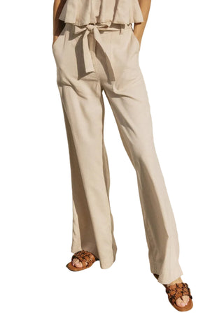 Oatmeal Cotton Linen Wide - Leg Belted Trousers - Verte Boutique