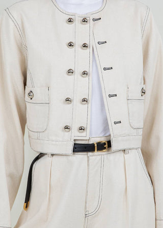 Luna Cream Washed Cropped Jacket with Metallic Accent Buttons - Verte Boutique