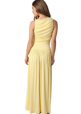 Butter Yellow Drop Waist Sleeveless Maxi Dress with Ruching - Verte Boutique