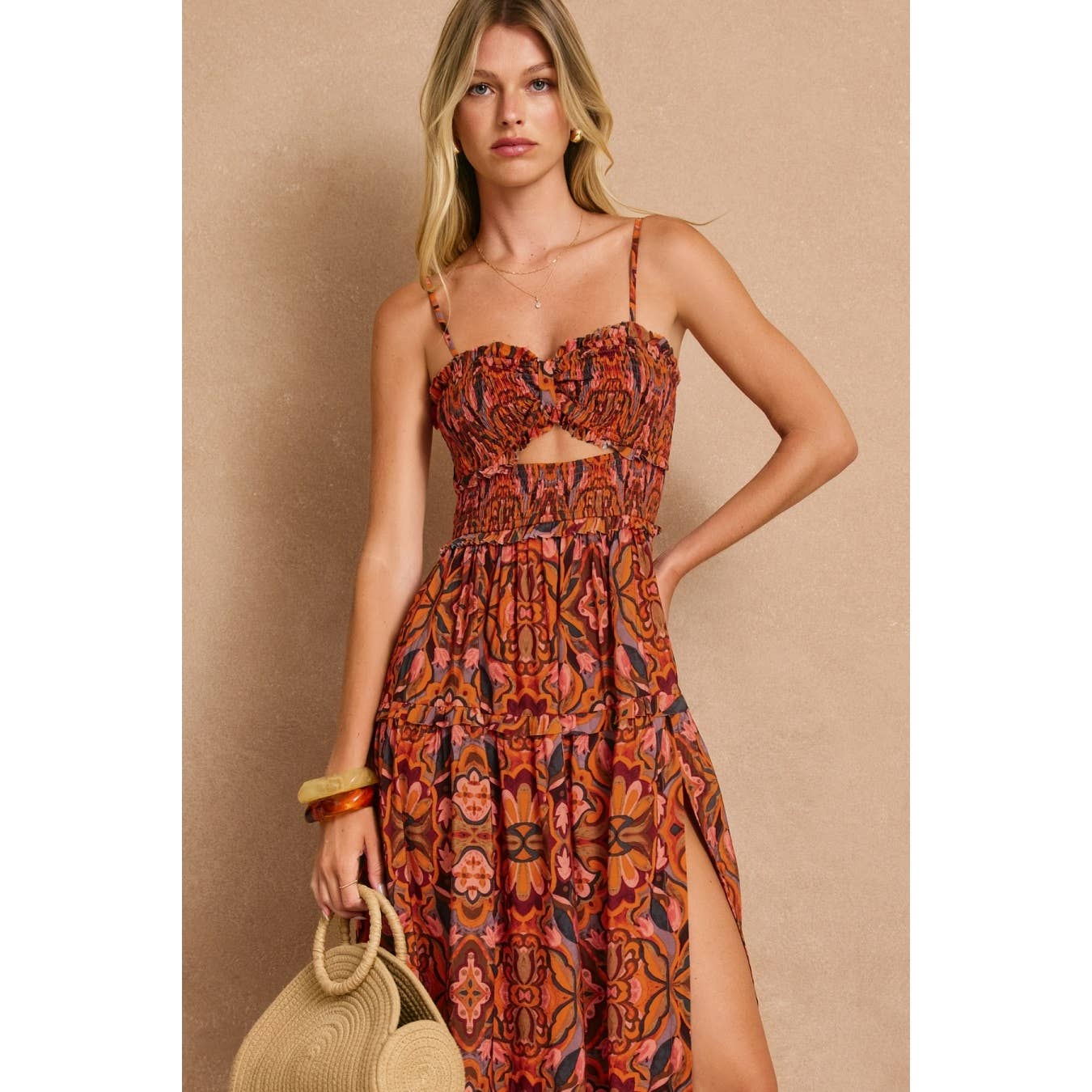 Fall Print Cutout Smocked Maxi Dress