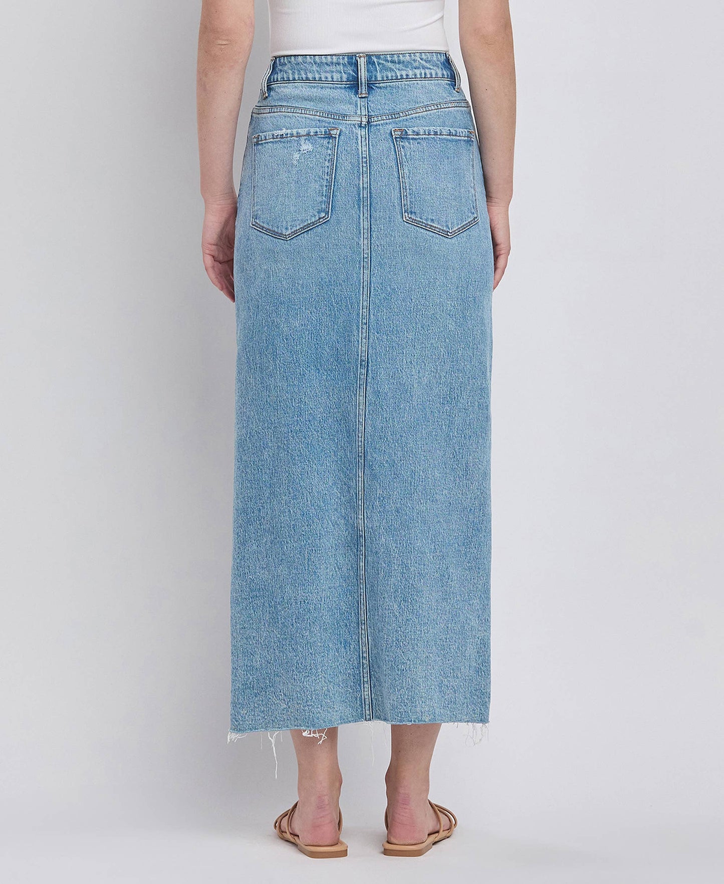 Criss Cross Front Slit Denim Maxi Skirt