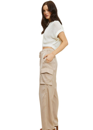 Nude Drawstring Waistband Solid Satin Cargo Wide - Leg Pants - Verte Boutique