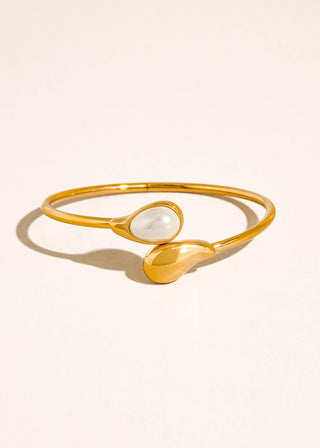 Harbor 18K Gold Non - Tarnish Cat Eye & Pearl Open Cuff Bracelet - Verte Boutique