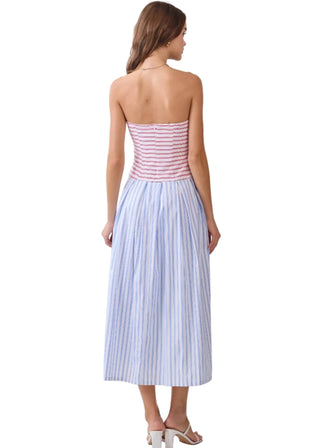 Patriotic Red & Blue Striped Strapless Pleated Midi Dress - Verte Boutique
