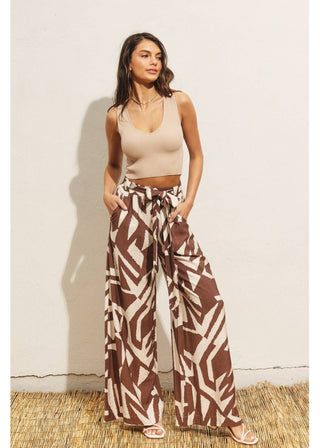 Sahara Geo Print Satin Wide Leg Pants with Removable Belt - Verte Boutique