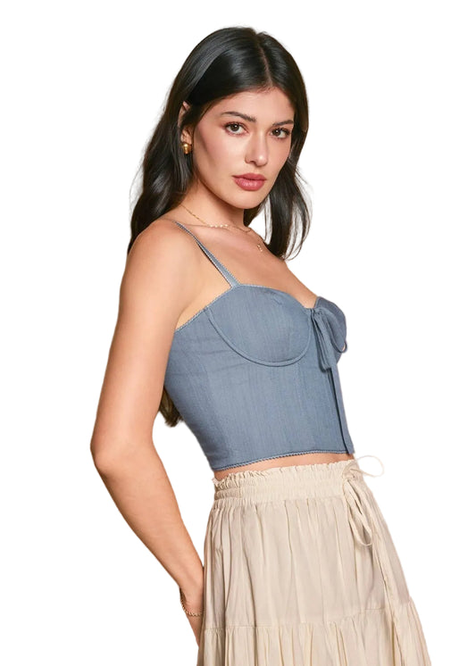 Denim Blue Underwire Corset Top – Smocked Bustier with Picot Trim