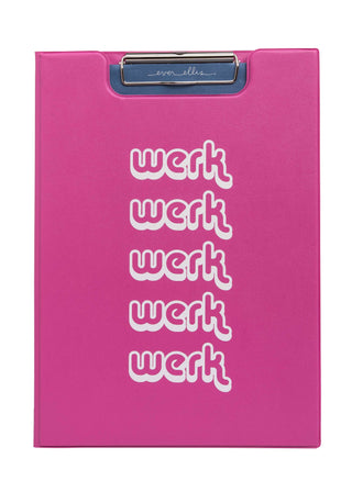 Pink clipboard with 'werk' text on a white background