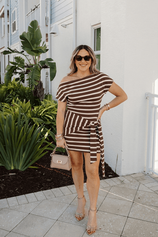 Striped Off-Shoulder Tie-Waist Mini Dress Brown / Small