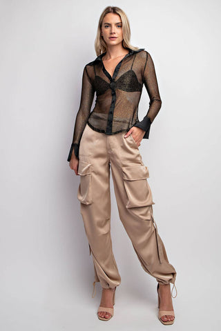 Metallic Mesh Button Down Shirt - Verte Boutique
