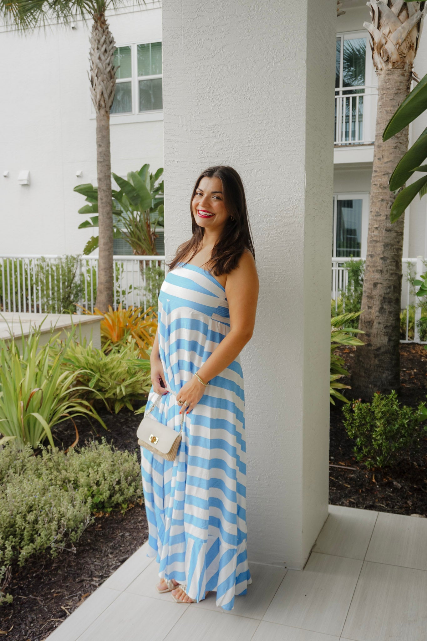 Azure Coast Chevron Stripe Flounce Maxi Dress