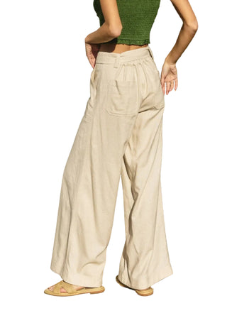 Oatmeal Cotton Linen Wide - Leg Belted Trousers - Verte Boutique
