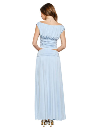 Sky Blue Ruched Maxi Skirt – Flattering High - Waist Side Slit - Verte Boutique