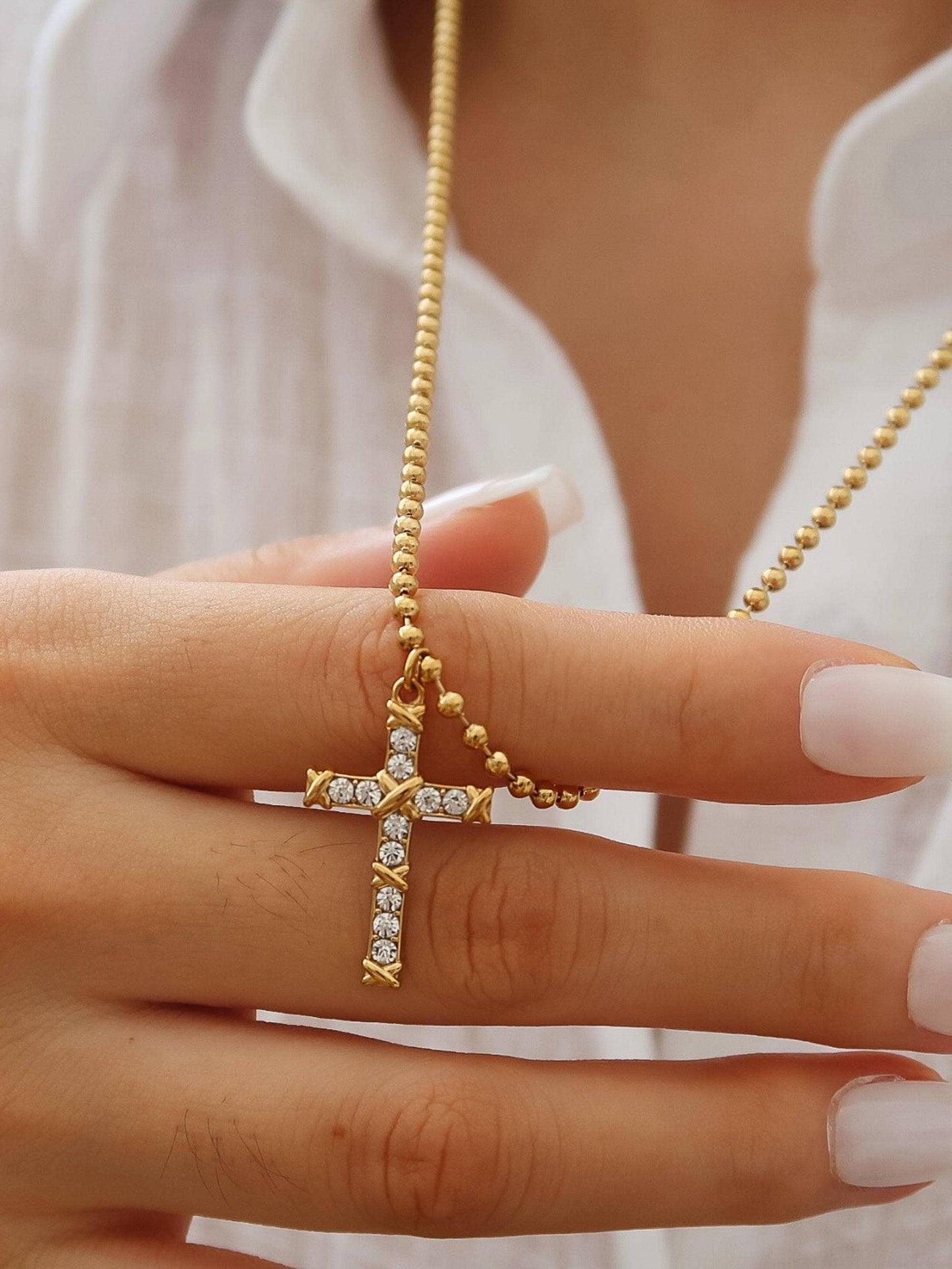 Gold Non-Tarnish CZ Cross Pendant Necklace