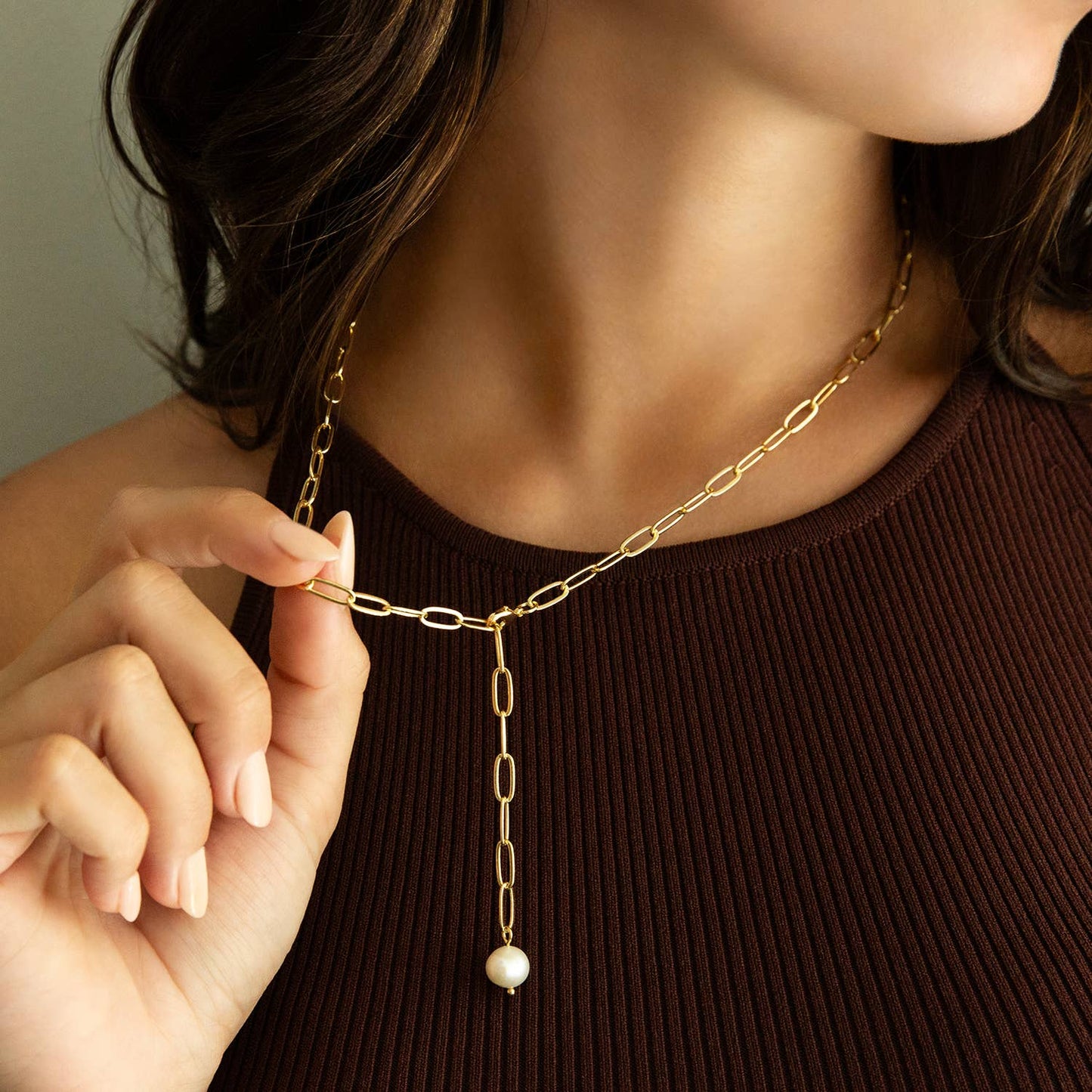 Paperclip Y Lariat necklace with Stone