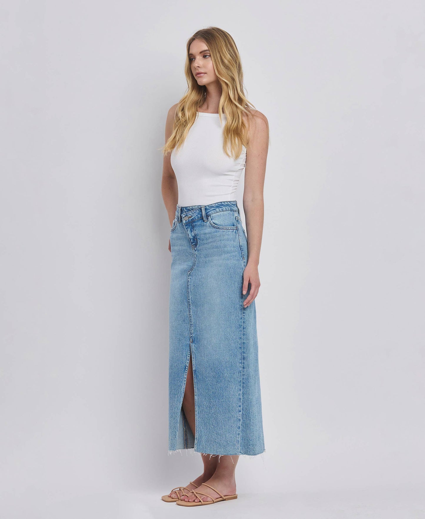 Criss Cross Front Slit Denim Maxi Skirt