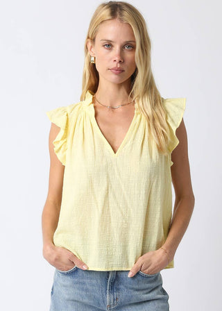 Butter Yellow Textured V - Neck Ruffle Blouse - Verte Boutique