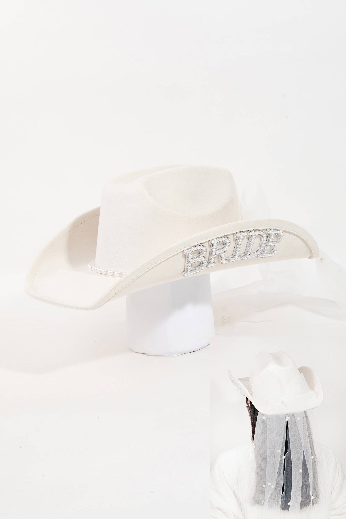The "Glam Bride" Pearl & Rhinestone Cowboy Hat with Veil