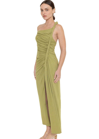 Pistachio Draped One - Shoulder Thigh Slit Maxi Dress - Verte Boutique