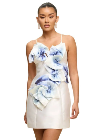 White Mini Dress with 3D Floral Applique - Verte Boutique