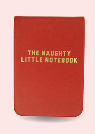 Red notebook with 'The Naughty Little Notebook' text on a light pink background