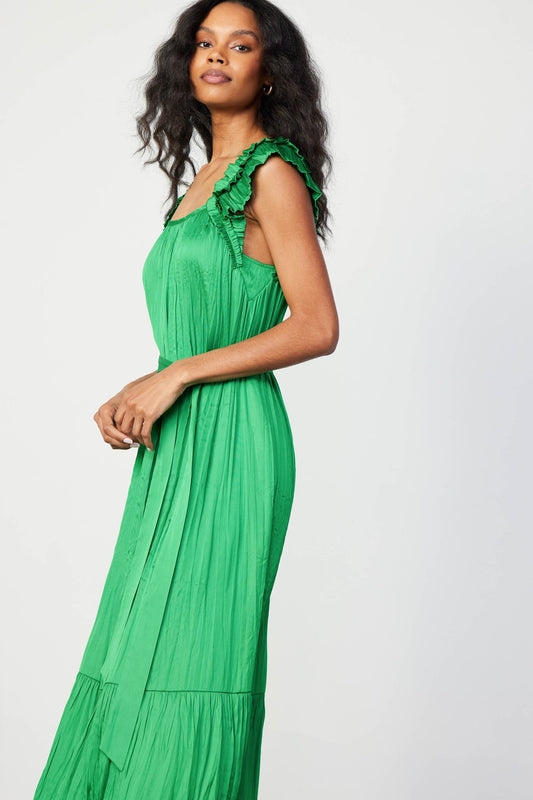 Crinkled Ruffle Shoulder Midi Dress