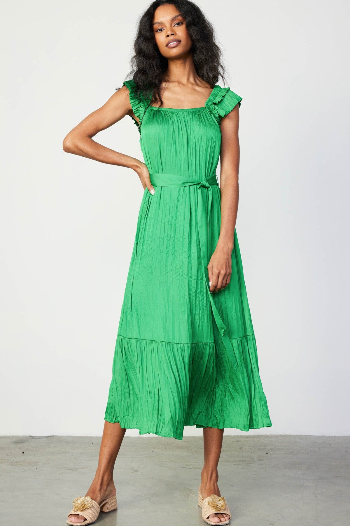 Crinkled Ruffle Shoulder Midi Dress